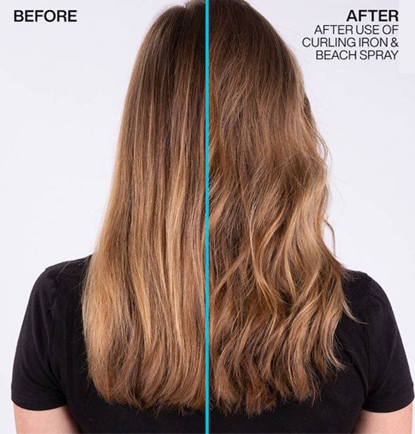 Side-by-side comparison of model's hair before and after use of curling iron and Redken Beach Spray