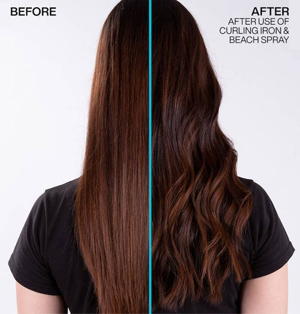 Side-by-side comparison of model's hair before and after use of curling iron and Redken Beach Spray