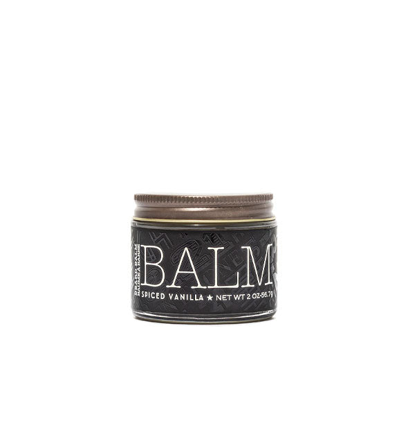 2 ounce black pot of Balm for beards in Spiced Vanilla scent with screw-on lid