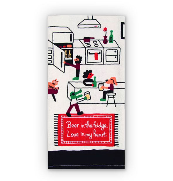 Dish towel illustrated with a kitchen scene populated by a cat, crocodile, dog, and two humans says, "Beer in the fridge. Love in my heart" in white lettering on a red rug 