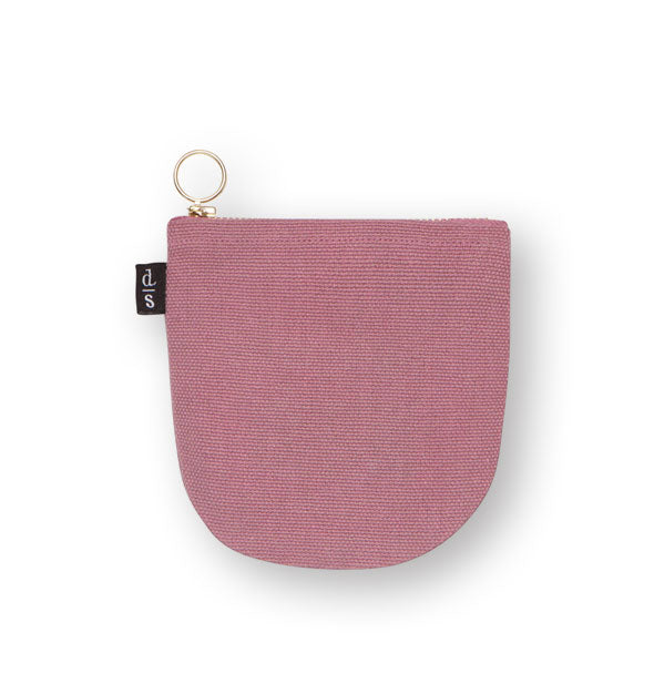Pink canvas pouch with rounded bottom and top gold ring zipper pull