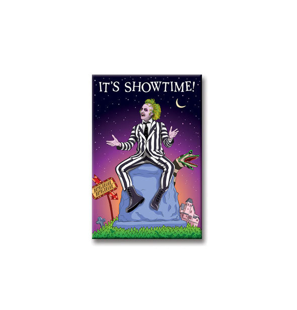 Rectangular magnet featuring illustration of Beetlejuice perched on a gravestone with items from the movie in the background says, "It's showtime!" at the top in white lettering