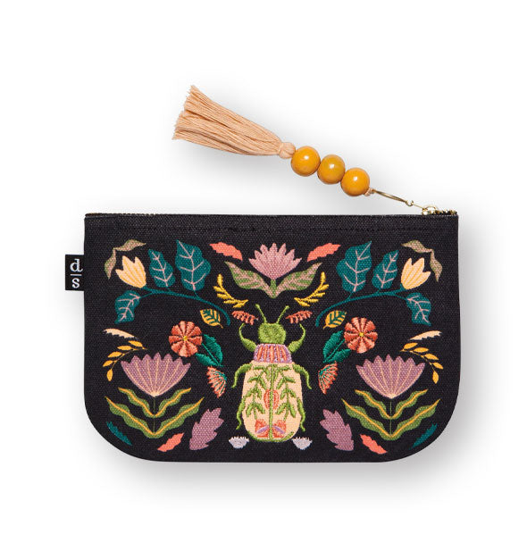 Black canvas pouch with colorful floral and beetle design embroidery and a tasseled zipper pull with yellow wooden beads