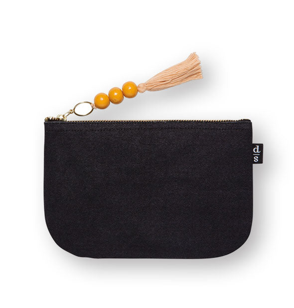 Black canvas pouch with tasseled zipper pull accented with three yellow beads