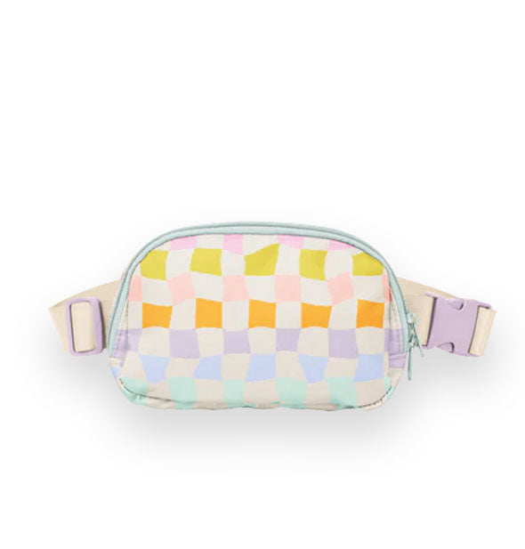 Belt bag with wavy multicolored checker print, blue zipper, and purple belt clip and adjuster