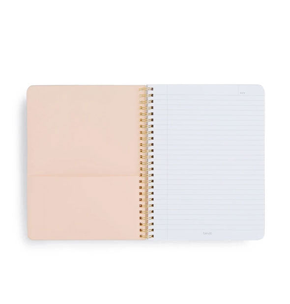 Spiral-bound notebook interior with pocket page and lined white page