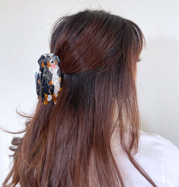 Model wears a Bernese mountain dog hair clip in a partially swept-back style