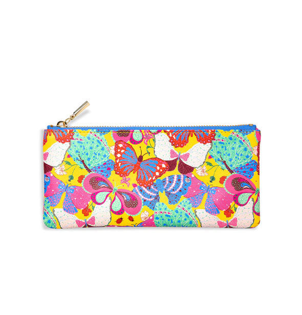 Rectangular pouch with colorful butterfly design and metallic gold zipper pull