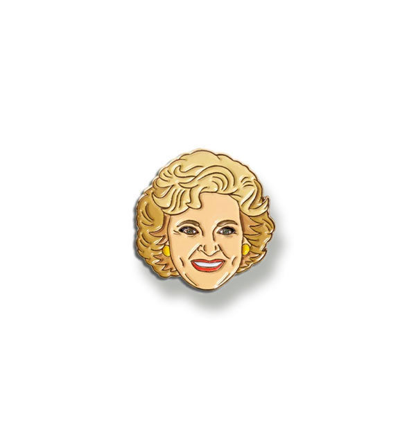 Enamel pin depicting a smiling Betty White