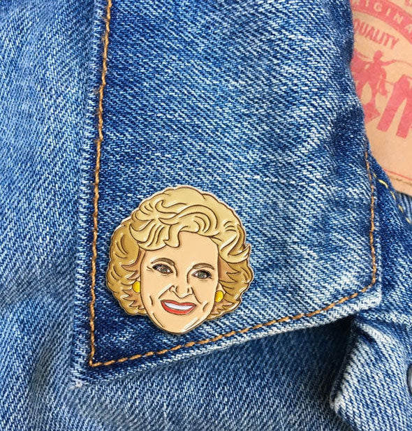 Betty White pin on jean jacket lapel