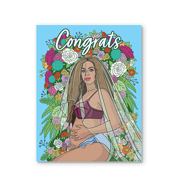 Blue greeting card features colorful illustration of iconic pregnant Beyoncé photograph with elaborate floral arrangement and "Congrats" printed at the top in white script lettering