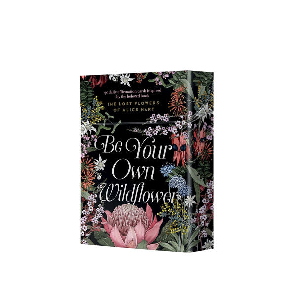 Black, colorfully illustrated Be Your Own Wildflower affirmation cards box
