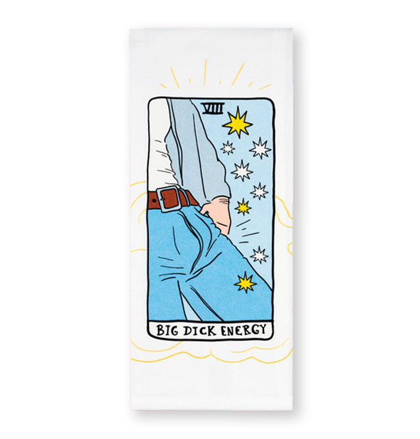 White dish towel features a tarot card-themed illustration of a man's bulging crotch in jeans surrounded by stars and the caption, "Big Dick Energy" below it