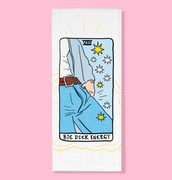 White dish towel on pink background features a tarot card-themed illustration of a man's bulging crotch in jeans surrounded by stars and the caption, "Big Dick Energy" below it