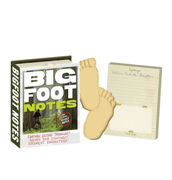 Bigfoot Notes booklet with feet-shaped pad and "Sightings" pad shown at center and right
