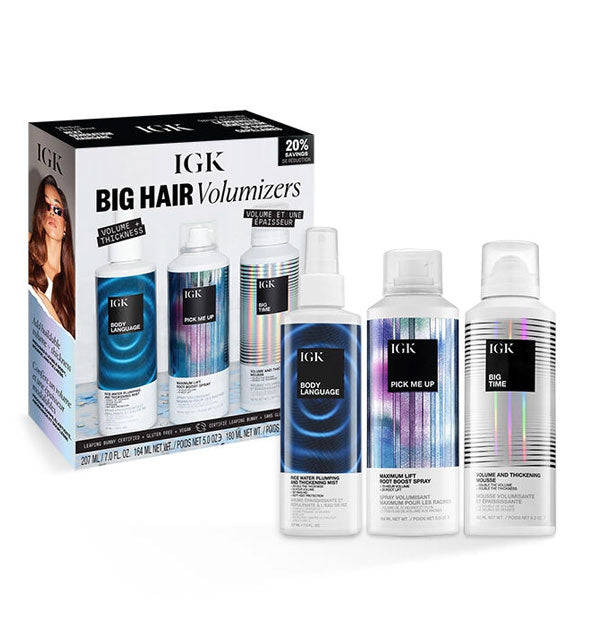 Box and contents of IGK's Big Hair Volumizers kit: Big Time Volume and Thickening Mousse, Pick Me Up Maximum Lift Root Boost Spray, and Body Language Rice Water Plumping and Thickening Mist