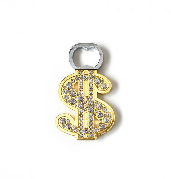 Bottle opener with gold dollar sign emblem accented with rhinestones