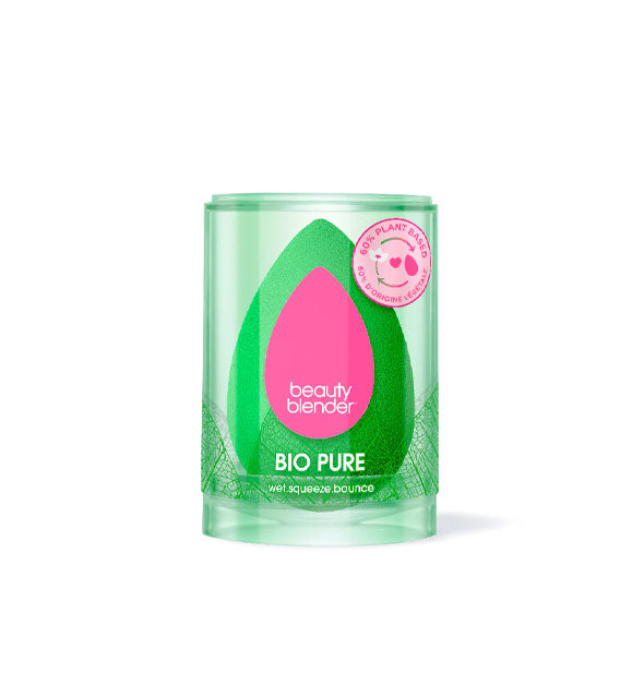 Green teardrop-shaped Beautyblender BioPure makeup sponge in clear packaging