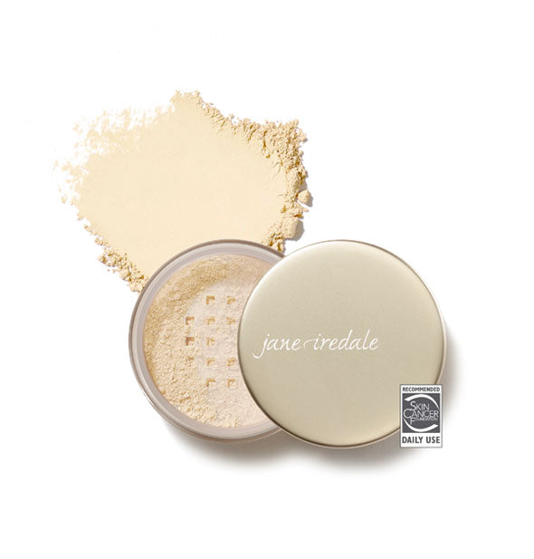 Opened compact of Jane Iredale Amazing Base Loose Mineral Powder and sample product swatch in shade Bisque with the Skin Cancer Foundation seal at lower right