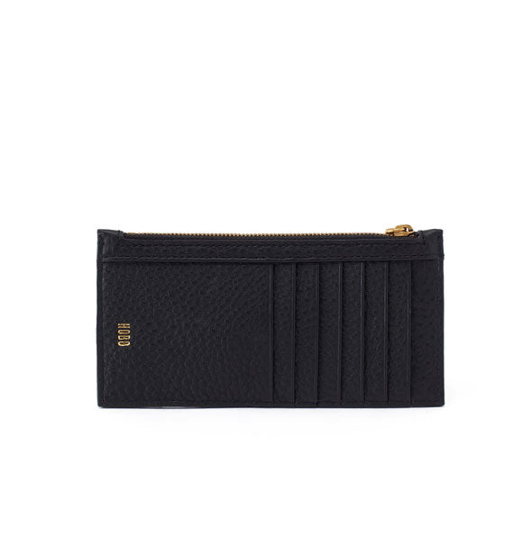 Rectangular black leather card case with card slots, gold Hobo logo, and top zipper with gold hardware