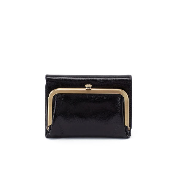 Compact black leather wallet with brass frame hardware