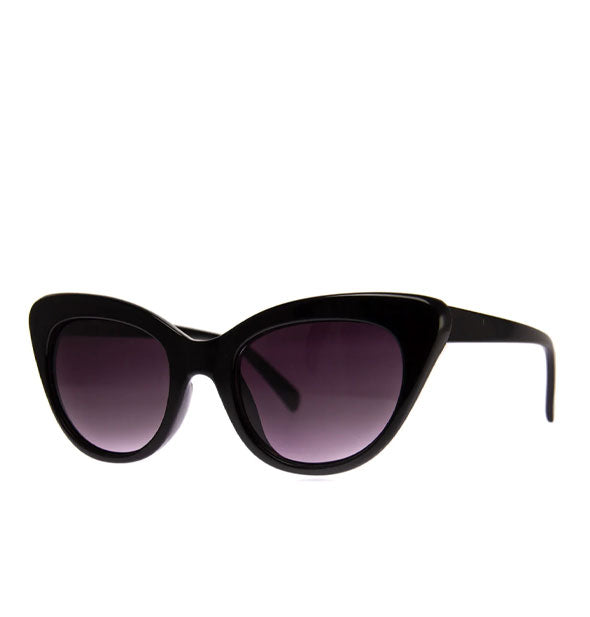 Pair of cat-eye sunglasses with black frame and dark gray lenses
