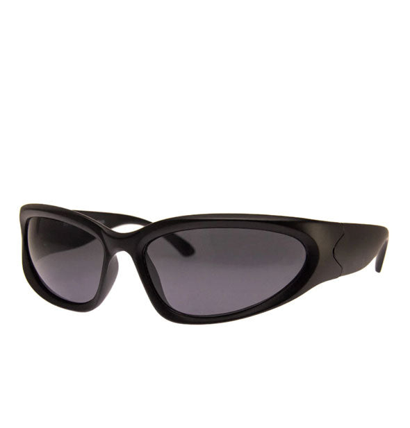 Black wraparound sunglasses with dark gray lenses