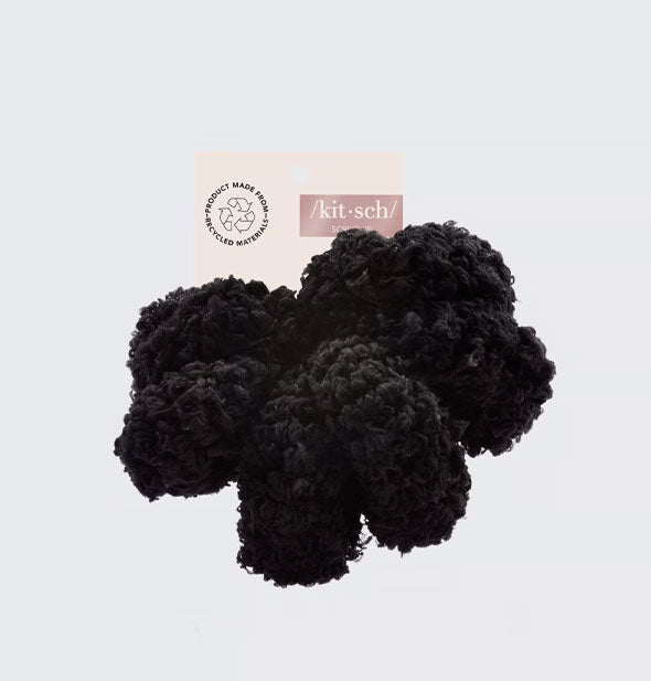 Six fluffy black recycled cotton hair scrunchies on a Kitsch product card