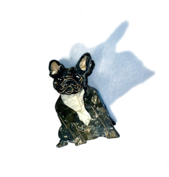 Black and white quartz-effect French bulldog hair clip with line-drawn details
