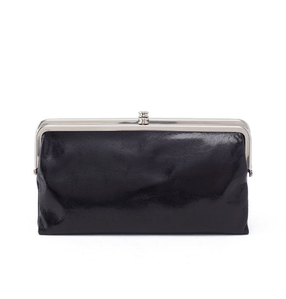 Rectangular black leather wallet with silver-toned frame and hardware