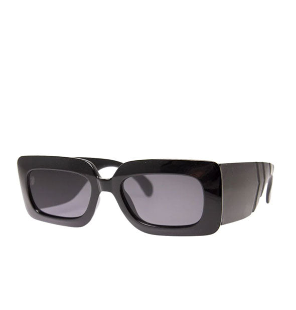 Rectangular black sunglasses with ultra-wide temple arm