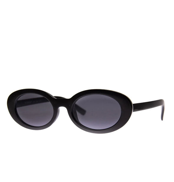 Pair of rounded black sunglasses with dark gray lenses