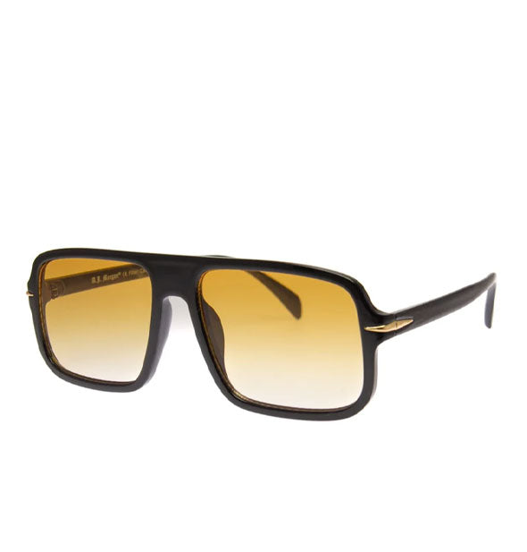 Pair of square black sunglasses with gold temple embellishment and yellow lenses