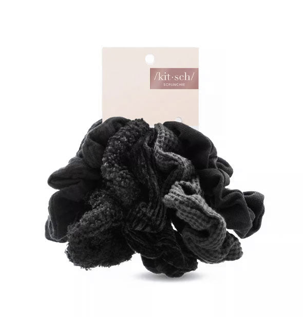 Set of five fabric hair scrunchies by Kitsch in varying textures and gray/black shades