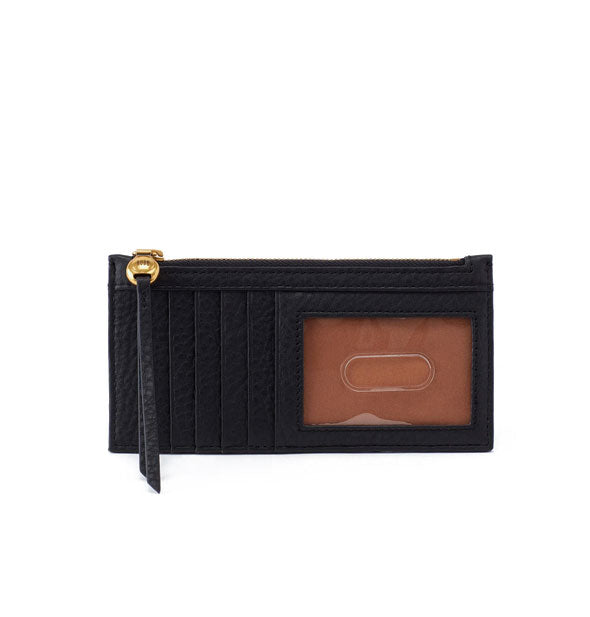 Rectangular black leather card case wallet with card slots, ID window, and top zipper with gold hardware and matching elongated leather pull tab