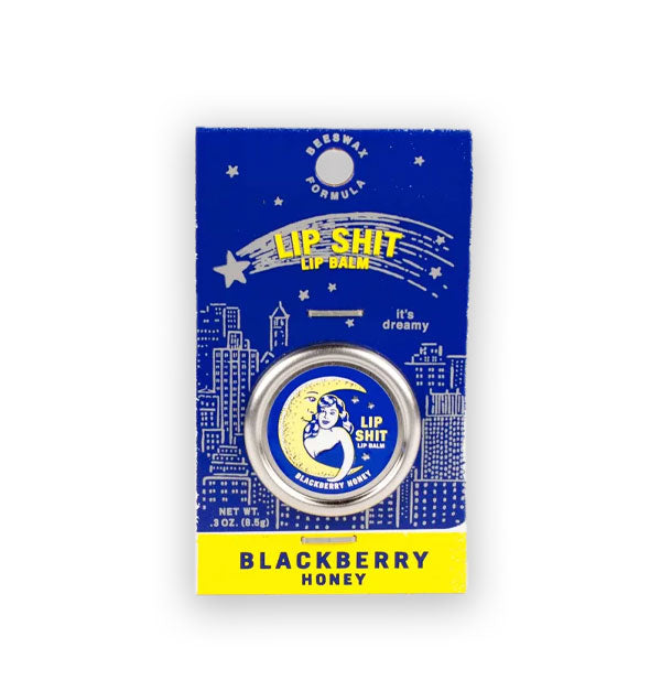 Pot of Blackberry Honey Lip Shit Lip Balm on product card features monochromatic illustration of a woman snuggled up to a crescent moon and a cityscape scene with shooting star overtop