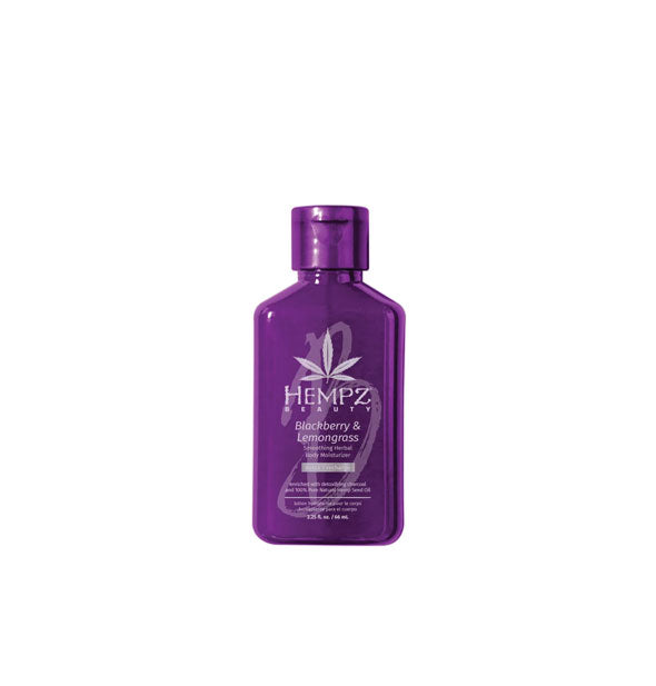 Purple 2.25 ounce bottle of Hempz Blackberry & Lemongrass Smoothing Herbal Body Moisturizer with white and gray lettering and design accents