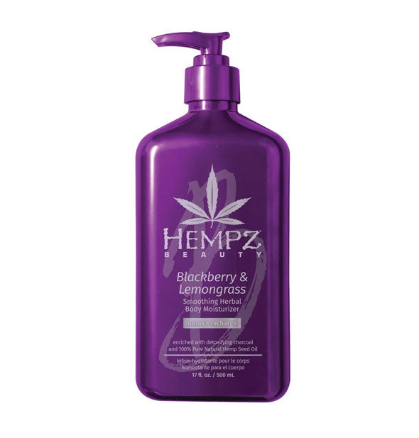 Purple 17 ounce bottle of Hempz Blackberry & Lemongrass Smoothing Herbal Body Moisturizer with white and gray lettering and design accents