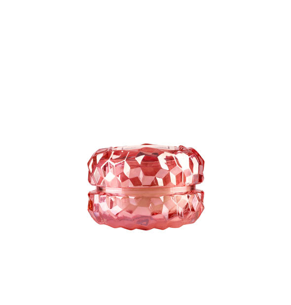 Macaron-shaped candle jar with textured pink glass