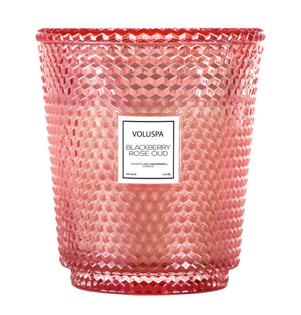 Giant 114-ounce pink textured Voluspa Blackberry Rose Oud glass jar candle with matching lid