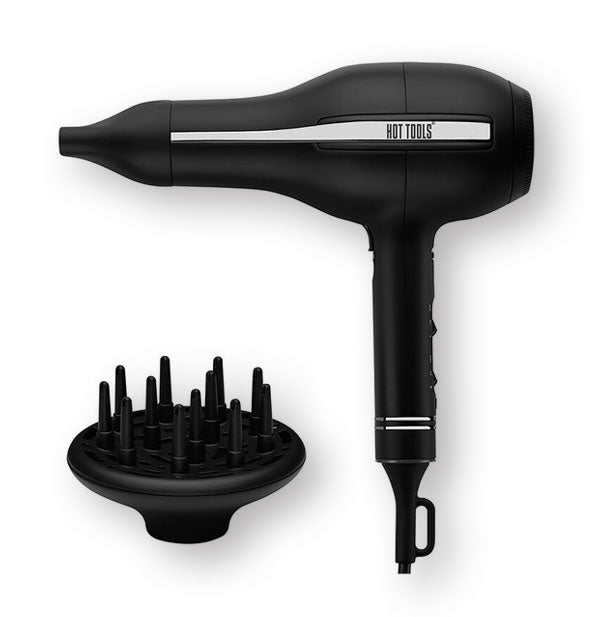 Black Hot Tools hair dryer with silver accents and its accompanying pronged diffuser