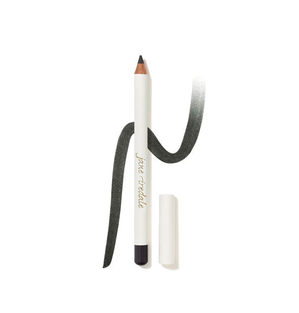 Jane Iredale liner pencil with cap removed and sample swatch behind in the shade Black/Gray