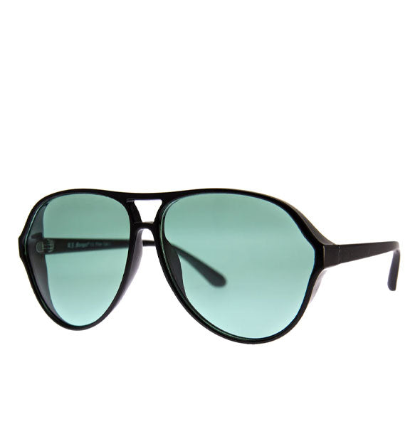 Pair of black aviator sunglasses with green lenses