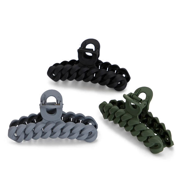 Pack of three hair clips featuring a braided/chain design in cool, dark, neutral shades with a matte finish