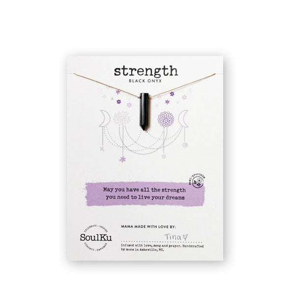 Strength Black Onyx necklace on SoulKu product card that says, "May you have all the strength you need to live your dreams."