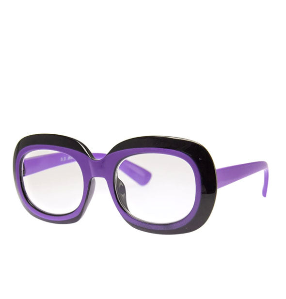 Pair of oversized rounded reading glasses with two-tone black and purple tortoise frame