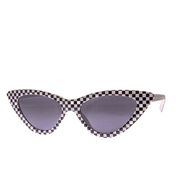 Pair of black and white checker print cat eye sunglasses with gray lenses