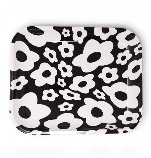 Rounded rectangular black and white warped floral print tray