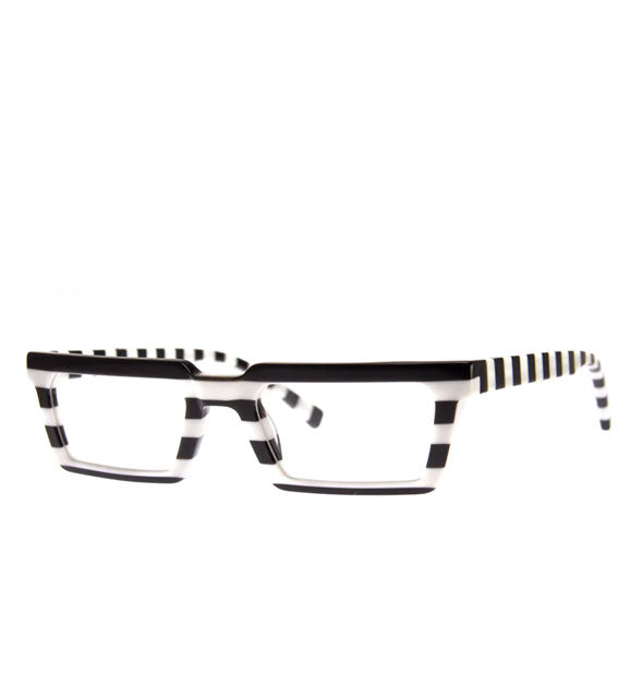 Pair of short, rectangular reading glasses with black and white stripe pattern
