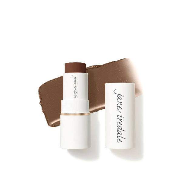 White tube of Jane Iredale Glow Time Bronzer Stick with cap removed and enlarged sample product application behind in shade Blaze